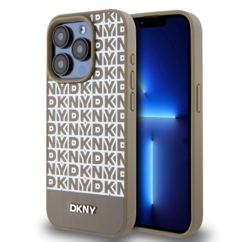   DKNY iPhone 12/12 Pro PU Leather Repeat Pattern Bottom Stripe MagSafe kompatibilis DKHMP12MPSOSPW hátlap, tok, barna