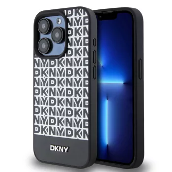   DKNY iPhone 14 Pro PU Leather Repeat Pattern Bottom Stripe MagSafe DKHMP14LPSOSPK, hátlap, tok, fekete