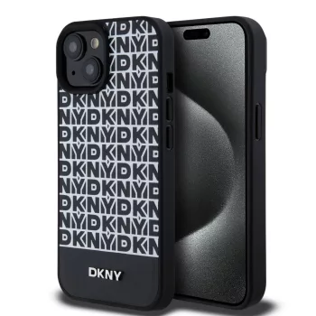  DKNY iPhone 15 PU Leather Repeat Pattern Bottom Stripe MagSafe DKHMP15SPSOSPK, hátlap, tok, fekete