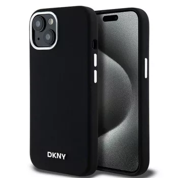   DKNY iPhone 15 compatible with MagSafe DKHMP15SSMCHLK hátlap, tok MagSafe Silicone W/Horizontal Metal Logo, fekete