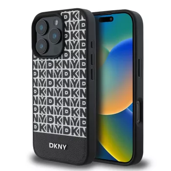   DKNY iPhone 16 Pro PU Leather Repeat Pattern Bottom Stripe MagSafe kompatibilis DKHMP16LPSOSPK hátlap, tok, fekete