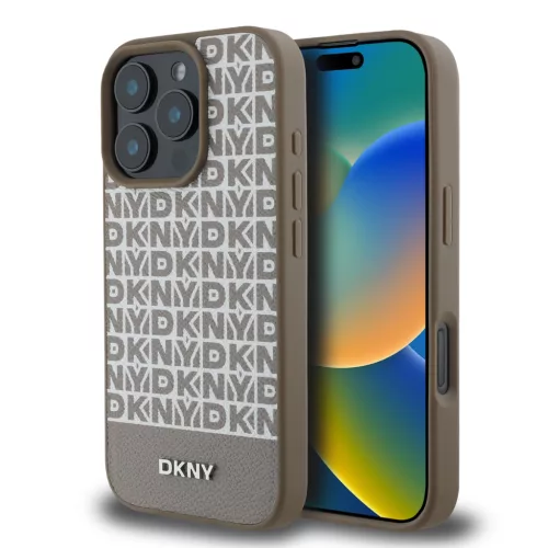 DKNY iPhone 16 Pro PU Leather Repeat Pattern Bottom Stripe MagSafe kompatibilis DKHMP16LPSOSPW hátlap, tok, barna