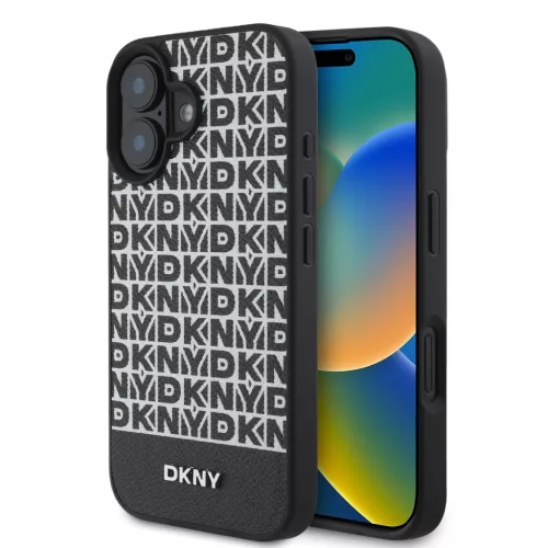 DKNY iPhone 16 Plus PU Leather Repeat Pattern Bottom Stripe MagSafe kompatibilis DKHMP16MPSOSPK hátlap, tok, fekete