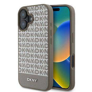   DKNY iPhone 16 PU Leather Repeat Pattern Bottom Stripe MagSafe kompatibilis DKHMP16SPSOSPW hátlap, tok, barna