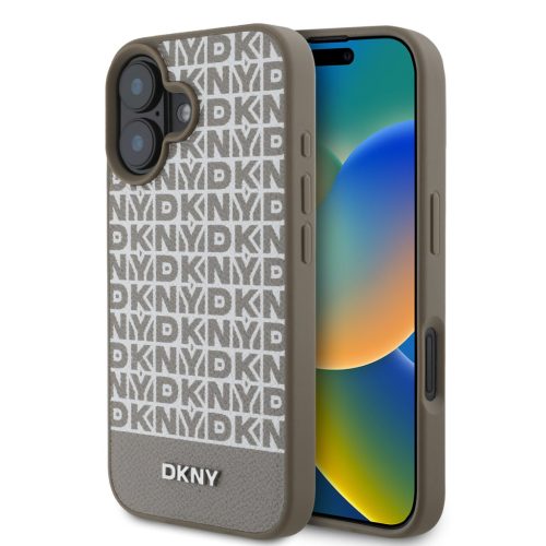 DKNY iPhone 16 PU Leather Repeat Pattern Bottom Stripe MagSafe kompatibilis DKHMP16SPSOSPW hátlap, tok, barna