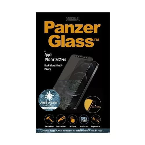 PanzerGlass kijelzővédő üvegfólia E2E Super+ iPhone 12/12 Pro tokbarát antibakteriális betekintésgátló 5D teljes kijelzős