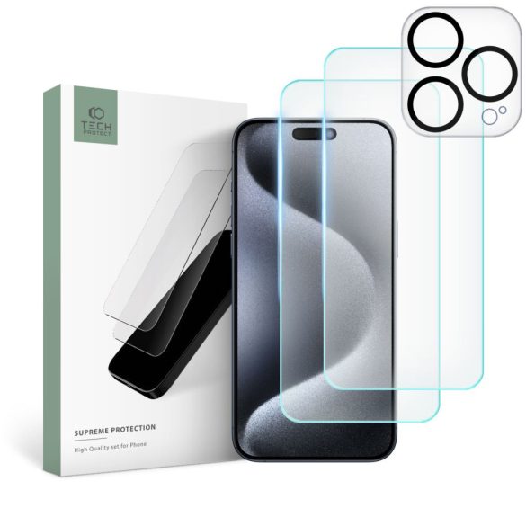 Tech-Protect Supreme Set iPhone 15 Pro Max 2db kijelzővédő és kameravédő edzett üvegfólia szett (tempered glass) 9H keménységű, átlátszó