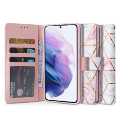   Tech-Protect Wallet Marble Samsung Galaxy S21 FE oldalra nyíló hátlap, tok, mintás, rózsaszín