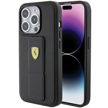   Ferrari FEHCP15XGSPSPSIK Grip Stand Metal Logo iPhone 15 Pro Max 6.7", hátlap, tok, fekete