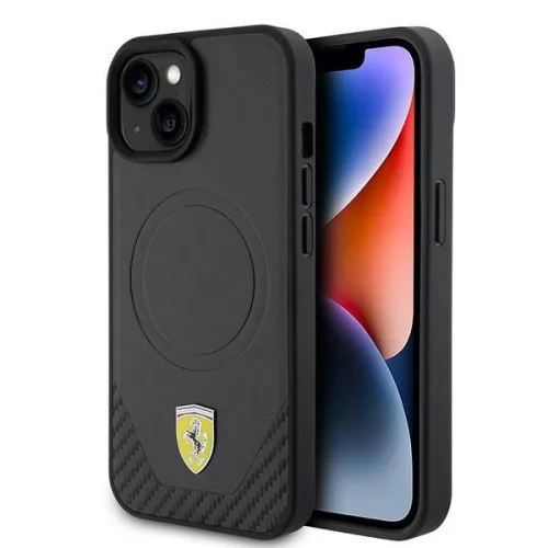 Ferrari iPhone 15 Carbon Metal Logo MagSafe (FEHMP15SPTEK) MagSafe hátlap, tok, fekete
