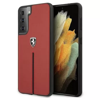  Ferrari FEOSIHCS21MRE Off Track Leather Nylon Stripe Samsung Galaxy S21+ G996, hátlap, tok, piros