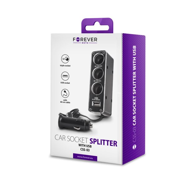 Forever CSS-03 3in1 Socket Splitter 2xUSB-A univerzális autós töltő és elosztó, fekete