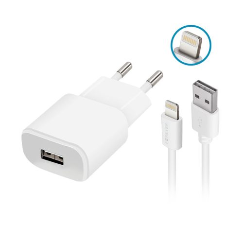 Forever TC-01 hálózati töltő adapter, 1 USB-A, 2A + iPhone lightning kábel, fehér