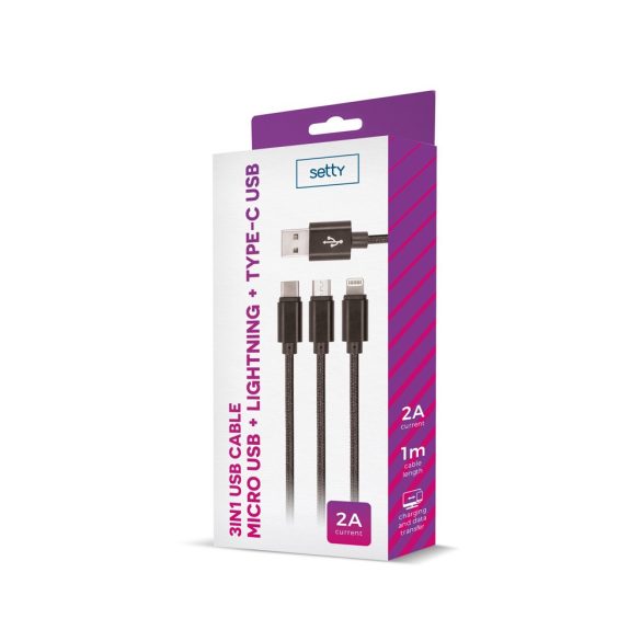 Setty USB Cable 3in1 Micro-USB, Type-C, Lightning kábel, 2A, 1m, fekete