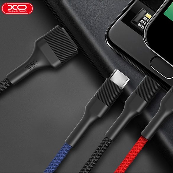 XO NB54 USB Cable 3in1 Micro-USB, Type-C, Lightning kábel, 3A, 1,2m, színes