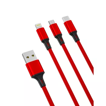   XO NB173 USB Cable 3in1 Micro-USB, Type-C, Lightning kábel, 2.4A, 1.2m, piros