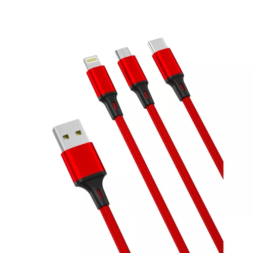 XO NB173 USB Cable 3in1 Micro-USB, Type-C, Lightning kábel, 2.4A, 1.2m, piros