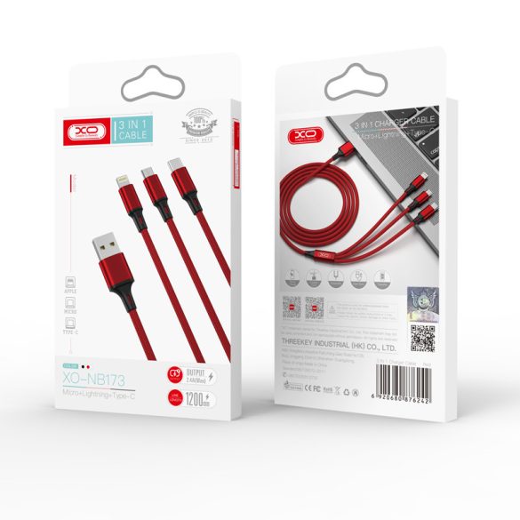 XO NB173 USB Cable 3in1 Micro-USB, Type-C, Lightning kábel, 2.4A, 1.2m, piros