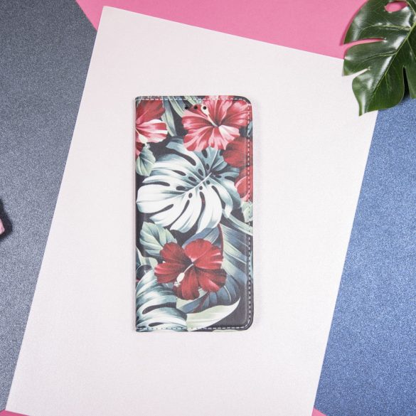 Smart Trendy Red Flower iPhone 13 Pro oldalra nyíló tok, mintás, színes