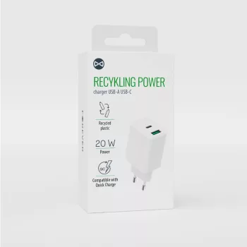   Forever recycled hálózati töltő USB + USB-C 20W LSR20-AC-00, fehér