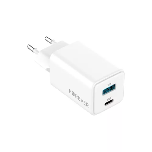 Forever TC-08-45AC GaN PD QC hálózati töltő 1x USB-C 1x USB 45W, fehér