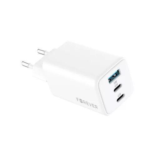Forever TC-08-65ACC GaN PD QC hálózati töltő 2x USB-C 1x USB 65W, fehér