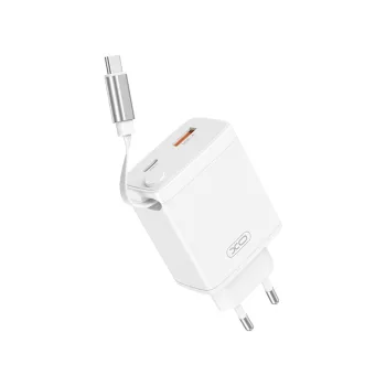   XO hálózati töltő CE31 1x USB 1x USB-C 30W, fehér with kihúzható USB-C kábel