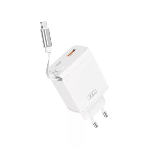 XO hálózati töltő CE31 1x USB 1x USB-C 30W, fehér with kihúzható USB-C kábel