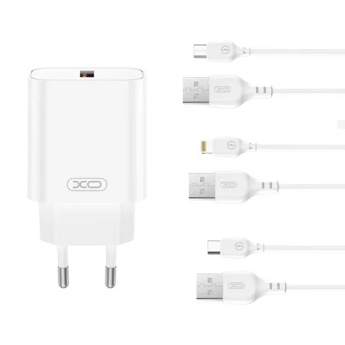 XO hálózati töltő CE33 QC 18W 1x USB, fehér + kábel Lightning