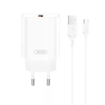   XO hálózati töltő CE33 QC 18W 1x USB, fehér + kábel USB-C
