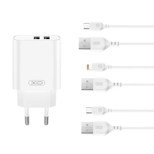 XO hálózati töltő CE34 2x USB 2,4A, fehér + Lightning kábel