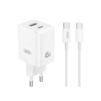   XO hálózati töltő CE36 PD 45W 1x USB-C 1x USB, fehér + kábel USB-C - USB-C