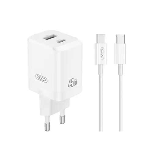 XO hálózati töltő CE36 PD 45W 1x USB-C 1x USB, fehér + kábel USB-C - USB-C