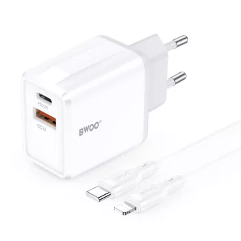   BWOO CDA182 QC 38W 1x USB-A + 1x USB-C USB-C C-Lightning cable, 1m, hálózati töltő, fekete
