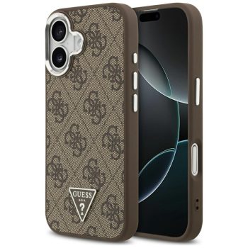   Guess Case Magsafe 4G PU Leather Case Triangle Logo And tok, szürke Metal Camera Frame iPhone 17 tok, barna