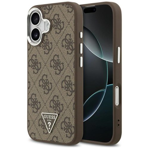 Guess Case Magsafe 4G PU Leather Case Triangle Logo And tok, szürke Metal Camera Frame iPhone 17 tok, barna