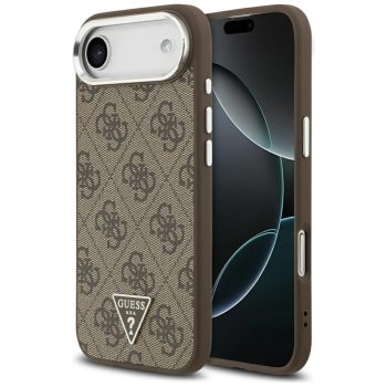   Guess Case Magsafe 4G PU Leather Case Triangle Logo Silver Metal Camera Frame iPhone 17 Air tok, barna