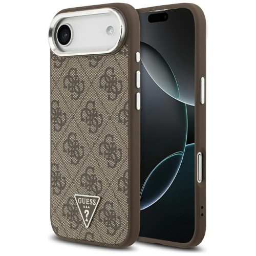 Guess Case Magsafe 4G PU Leather Case Triangle Logo Silver Metal Camera Frame iPhone 17 Air tok, barna