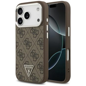   Guess Case Magsafe 4G PU Leather Case Triangle Logo And tok, szürke Metal Camera Frame iPhone 17 Pro tok, barna