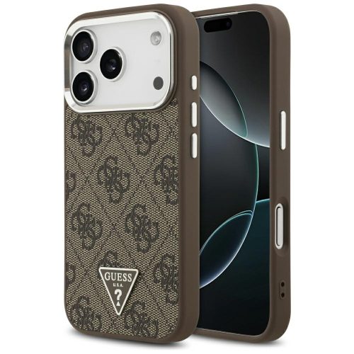 Guess Case Magsafe 4G PU Leather Case Triangle Logo And tok, szürke Metal Camera Frame iPhone 17 Pro tok, barna