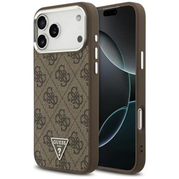   Guess Case Magsafe 4G PU Leather Case Triangle Logo And tok, szürke Metal Camera Frame iPhone 17 Pro Max tok, barna
