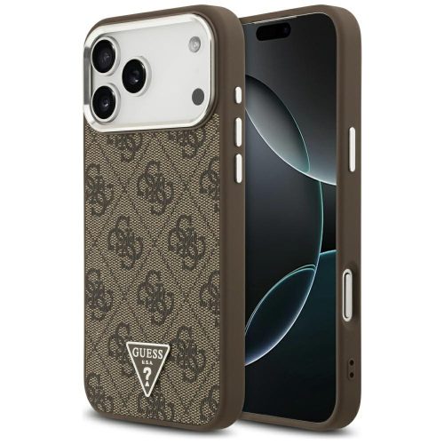 Guess Case Magsafe 4G PU Leather Case Triangle Logo And tok, szürke Metal Camera Frame iPhone 17 Pro Max tok, barna