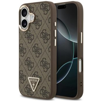   Guess Case Magsafe 4G PU Leather Case Triangle Logo Gold Metal Camera Frame iPhone 17 tok, fekete