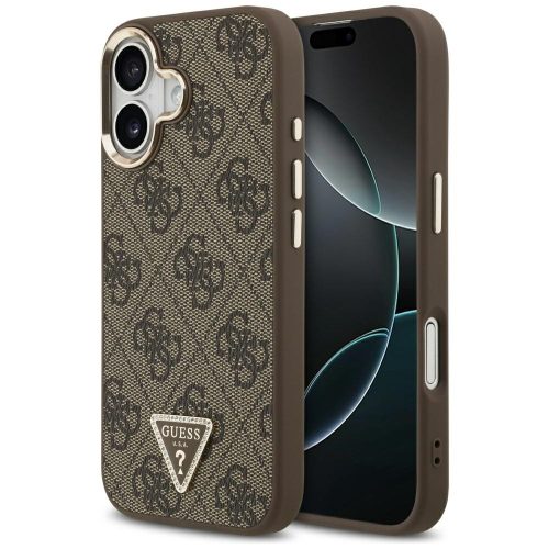 Guess Case Magsafe 4G PU Leather Case Triangle Logo Gold Metal Camera Frame iPhone 17 tok, fekete