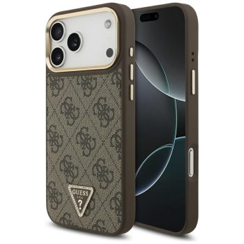   Guess Case Magsafe 4G PU Leather Case Triangle Logo Gold Metal Camera Frame iPhone 17 Pro Max tok, barna