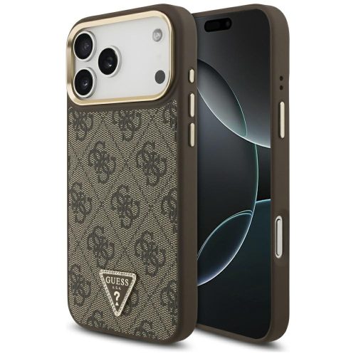 Guess Case Magsafe 4G PU Leather Case Triangle Logo Gold Metal Camera Frame iPhone 17 Pro Max tok, barna