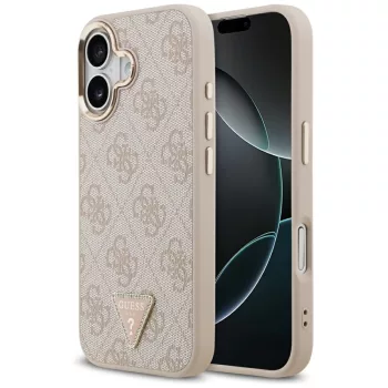   Guess Case Magsafe 4G PU Leather Case Triangle Logo Gold Metal Camera Frame iPhone 17 tok, rózsaszín