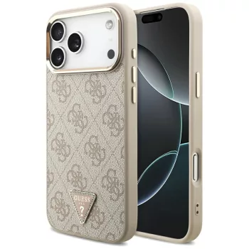   Guess Case Magsafe 4G PU Leather Case Triangle Logo Gold Metal Camera Frame iPhone 17 Pro Max tok, rózsaszín