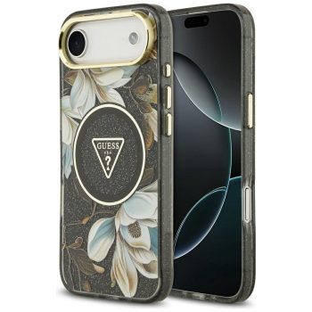   Guess Case Magsafe IML Case Glitter Flowers And Triangle Metal Camera Frame And Buttons iPhone 17 Air tok, fekete
