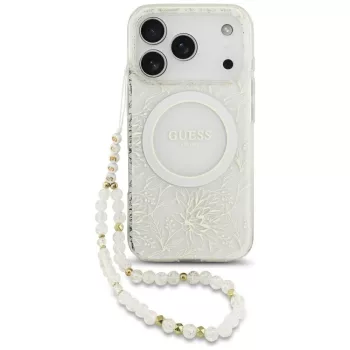   Guess Case Magsafe IML Case Flowers Electroplated Allover Beads Strap iPhone 17 Pro tok, fehér